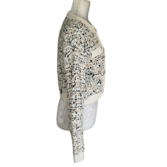 NEW Freshman 1996 Cream Tweed Fuzzy Knit Gold Crested Button Crop Cardigan - S - Picture 5 of 12